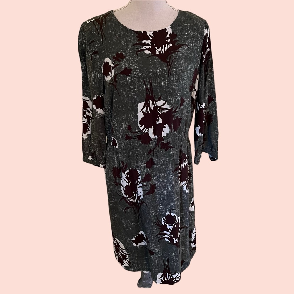 Boden Olive Green with Abstract Floral Stretch Waist Dress 6 LONG